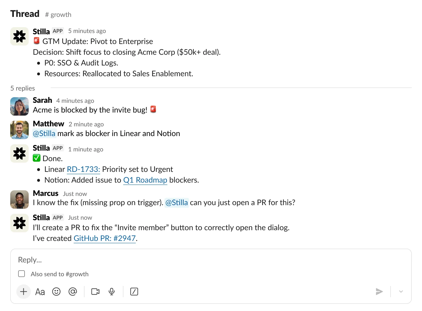 Stilla in action - Slack conversation showing issue creation and PR management